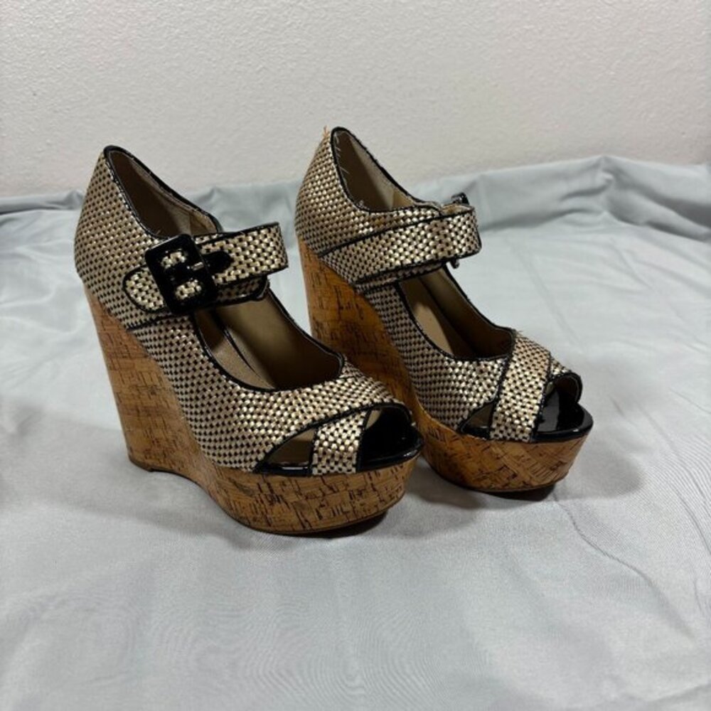 Saks Fifth Avenue Coco Raffia Metallic Black And Tan Platform Wedges Size 6.5
